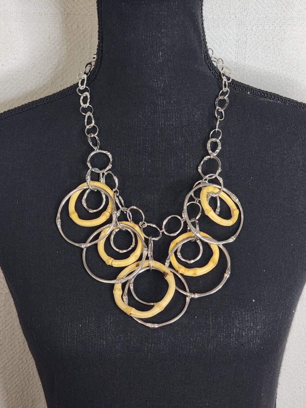 Chico's Vntg Bamboo Silver Circular Dangle Fringe Statement 20" Necklace 4" Ext